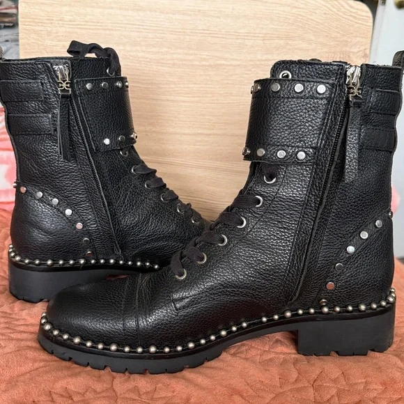 Sam Edelman Silver Studs Leather Black Zipper Combat Boots - Picture 5 of 12
